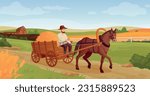 Rustic horse vehicles. Farmer on horse-drawn cart agriculture village background, working horses old wagon carriage, wild west history ingenious vector illustration of rustic farmer transportation