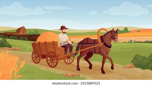 Rustic horse vehicles. Farmer on horse-drawn cart agriculture village background, working horses old wagon carriage, wild west history ingenious vector illustration of rustic farmer transportation