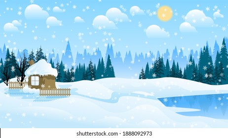 rustic house with farmstead, fence among the snow drifts and falling snowflakes on the lake on the background of coniferous forest, sky with sun and clouds. winter countryside landscape.vector
