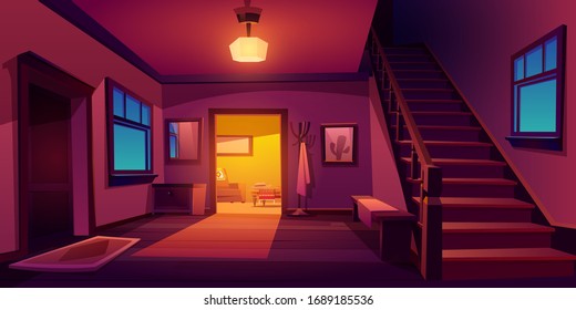 Rustic house hallway entrance night interior with wooden stairs and furniture. Western style apartment with door, hanger, carpet, table and cactus picture on wall. Cartoon vector illustration.