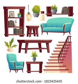 Rustic house hallway interior stuff set. Wooden stairs and furniture table, shelf, bookcase and armchair with potted plants. Apartment or home decor in rural style isolated cartoon vector illustration