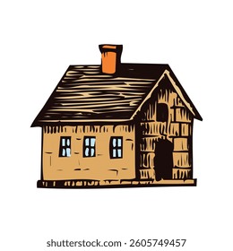 Rustic House Illustration Small house, brown roof, orange chimney, white background
