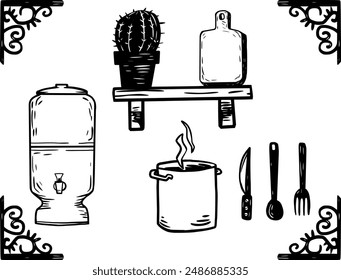 rustic house kitchen. woodcut style