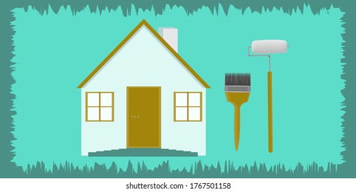 Rustic house, paint roller, brush - abstract background - vector. Banner DIY home repair.