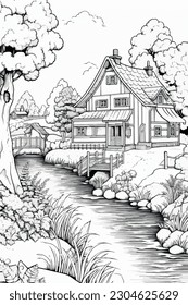 Rustic house vector coloring book black and white for kids and adults isolated line art on white background.