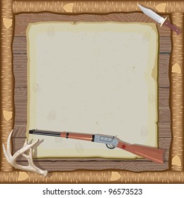 Rustic Hunting Party Invitation With Rifle, Hunting Knife, Deer Antlers And A Faded Deer Illustration On Old Vintage Paper With Animal Tracks Set Against A Wood Paneled Background And Log Frame.