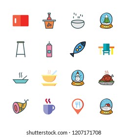 rustic icon set. vector set about bar stool, soup, kitchen board and snow globe icons set.