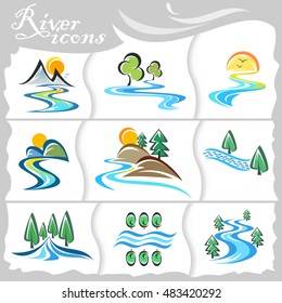 Rustic icons of streaming rivers and mountains