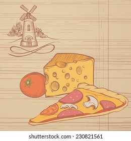 Rustic Illustration of Pizza and Cheese