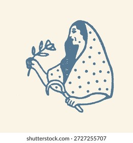 Una ilustración rústica de una mujer con un chal estampado, sosteniendo una herramienta de cosecha y una rama botánica en un estilo de arte popular.