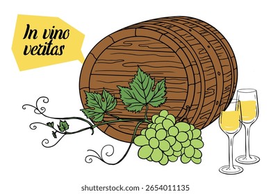 Rustic 'In vino veritas' wine illustration featuring a wooden barrel, grapevines, and wine glasses. Perfect for winery logos and bar decor. Elegant vintage typography.