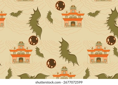 Rustic Ink Style seamless pattern featuring Halloween elements, perfect for fabric, gift wrap, packaging, wallpapers, invitations, digital backgrounds