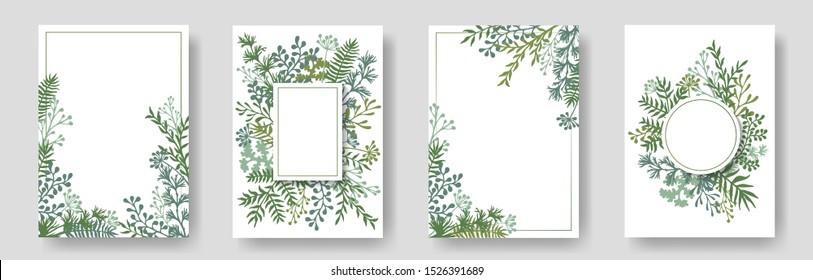 Rustic invitation cards with herbal twig branches wreath and corners border frames. Rustic vintage bouquets with fern fronds, mistletoe twigs, dandelions, olive, willow, palm branches in green colors.