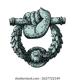 rustic iron door knocker hand drawn. decorative ornate, traditional handcrafted, unique heavy rustic iron door knocker vector sketch. isolated color illustration