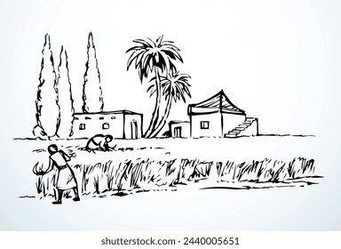 Rustic Israel female girl slave Muslim hut palm tree bush corn seed grain flour food sickle rye barley ear grass land meadow road path scenic view. Hand drawn retro bible age art sketch city town sky