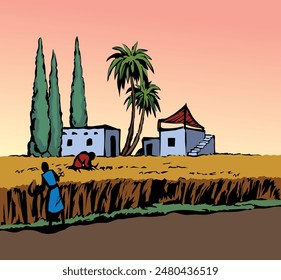 Rustic Israel female girl slave Muslim hut palm tree bush corn seed grain flour food sickle rye barley ear grass land meadow road path scenic view. Hand drawn retro bible age art sketch city town sky