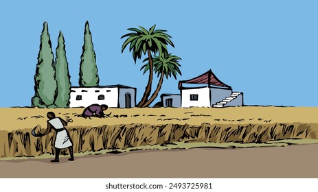 Rustic Israel female girl slave Muslim hut palm tree bush corn seed grain flour food sickle rye barley ear grass land meadow road path scenic view. Hand drawn retro bible age art sketch city town sky