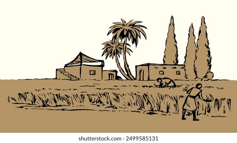 Rustic Israel female girl slave Muslim hut palm tree bush corn seed grain flour food sickle rye barley ear grass land meadow road path scenic view. Hand drawn retro bible age art sketch city town sky