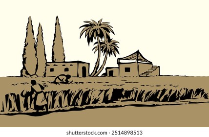 Rustic Israel female girl slave Muslim hut palm tree bush corn seed grain flour food sickle rye barley ear grass land meadow road path scenic view. Hand drawn retro bible age art sketch city town sky