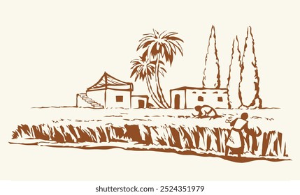 Rustic Israel female girl slave Muslim hut palm tree bush corn seed grain flour food sickle rye barley ear grass land meadow road path scenic view. Hand drawn retro bible age art sketch city town sky