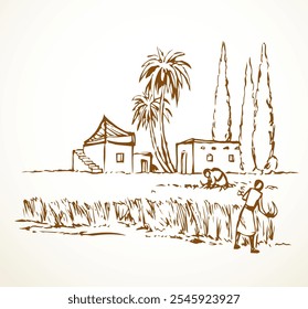 Rustic Israel female girl slave Muslim hut palm tree bush corn seed grain flour food sickle rye barley ear grass land meadow road path scenic view. Hand drawn retro bible age art sketch city town sky