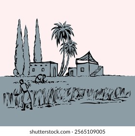 Rustic Israel female girl slave Muslim hut palm tree bush corn seed grain flour food sickle rye barley ear grass land meadow road path scenic view. Hand drawn retro bible age art sketch city town sky