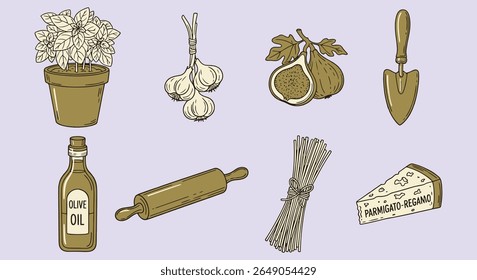 Rustic Italian pantry bundle, hand drawn olive oil garlic figs parmesan rolling pin herbs trowel and wheat. Vintage farmhouse cooking clipart