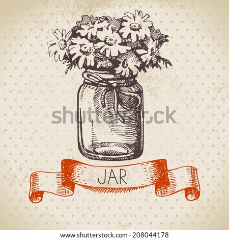 Rustic jar with chamomile bouquet. Vintage hand drawn sketch design. Vector illustration