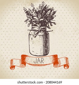 Rustic jar with lavender bouquet. Vintage hand drawn sketch design. Vector illustration