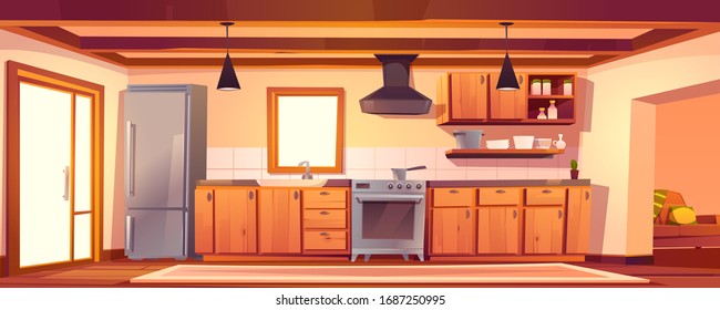 Rustic kitchen empty interior with appliances and western wooden furniture. Table, oven, range hood, refrigerator and utensil. Equipment for cooking in retro vintage style, Cartoon vector illustration