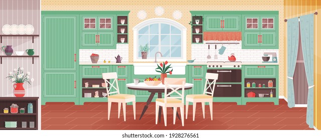 Rustic kitchen empty interior with appliances western wooden furniture. Vintage kitchen ware wooden wall. Table, oven range hood, refrigerator and utensil. Equipment for cooking in retro vintage style