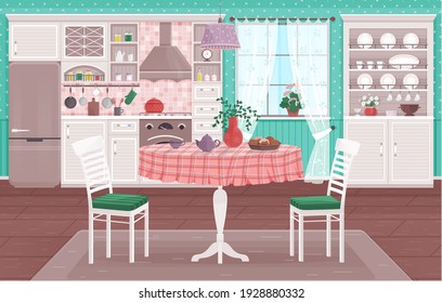 Rustic kitchen empty interior with appliances western wooden furniture. Vintage kitchen ware wooden wall. Table, oven range hood, refrigerator and utensil. Equipment for cooking in retro vintage style