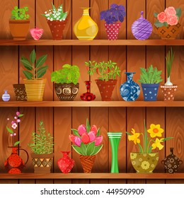 rustic kitchen interior with herbs and flowers planted in cute ceramic pots on wooden shelves 