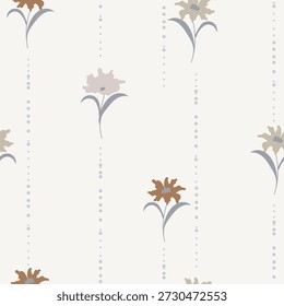 Rustic Kitchen Meadow Flowers and dotted stripes calm Vector Seamless Pattern. Cottagecore Garden Flowers print