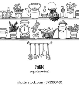 Rustic kitchen sketchy banner. Side view kitchen shelves with food and dishes for design. Black and white doodle background