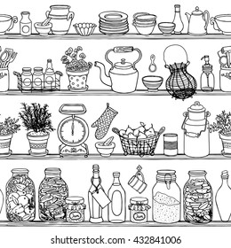 Rustic kitchen vector seamless pattern. Doodle cooking items background. Side view sketchy kitchen shelves with food and dishes. Set of hand-drawn kitchenware borders for design