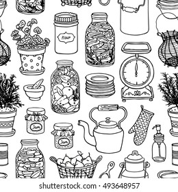 Rustic kitchen vector seamless pattern. Black and white cooking items background. Hand-drawn kitchenware template for design