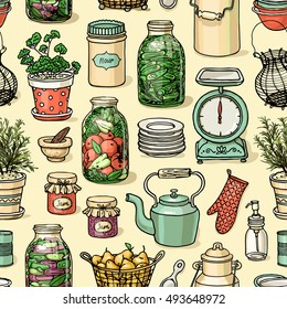 Rustic kitchen vector seamless pattern. Colorful cooking items background. Hand-drawn kitchenware template for design