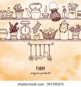 Rustic kitchen watercolor banner. Side view kitchen shelves with food and dishes for design. Brown colors doodle background