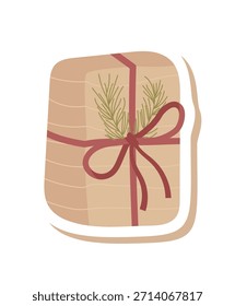 Caja de regalo rústica de kraft con lazo eco y cinta, pegatina de estilo plano. Regalo de Navidad con cinta roja y tono natural, perfecto como decoración festiva o etiqueta de embalaje sostenible.