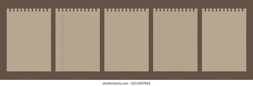 Um pacote de papel de notebook estilo kraft rústico com linhas marrons e furos de perfuração superiores. Inclui os formatos simples, com régua, margem, grade e ponto.