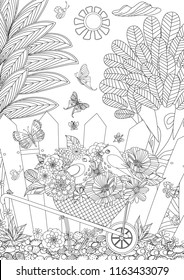 rustic landscape with cute birds in flowers for your coloring book 