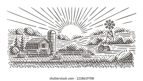 Rustic Landscape illustration. Vector, isolated. 