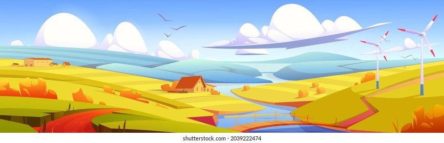 Rustic landscape, meadow, rural field with bridge over river, hay stacks and farm buildings. Parallax effect, scenery autumn countryside nature background in yellow colors, Cartoon vector illustration