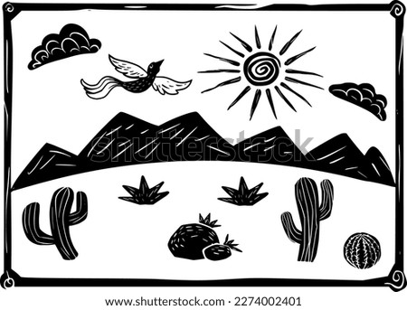 Rustic landscape. Northeast Hinterland. Separate vectors. Woodcut style and cordel literature