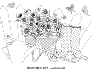 rustic landscape with set of lovely flowers in garden wheelbarrow, watering can, welly boots for your coloring book