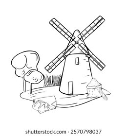 Rustic landscape of windmill, bread and flour bag black white vector illustration isolated. Rural making bread mill, tower mill hand drawn monochrome for design package, label bakery, grocery.