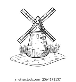 Rustic landscape of windmill and grass on ground black white vector illustration. Rural making bread mill, tower mill hand drawn monochrome graphic art for design package bread, flour label, bakery.