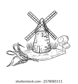 Rustic landscape of windmill and grass on ground black white vector illustration. Rural making bread mill and bunch of wheat hand drawn monochrome art for design package bread, flour label, bakery.