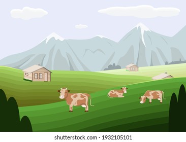 Rustic landscape with a wooden house and cows. Cows graze in a green meadow. Summer meadows, mountains